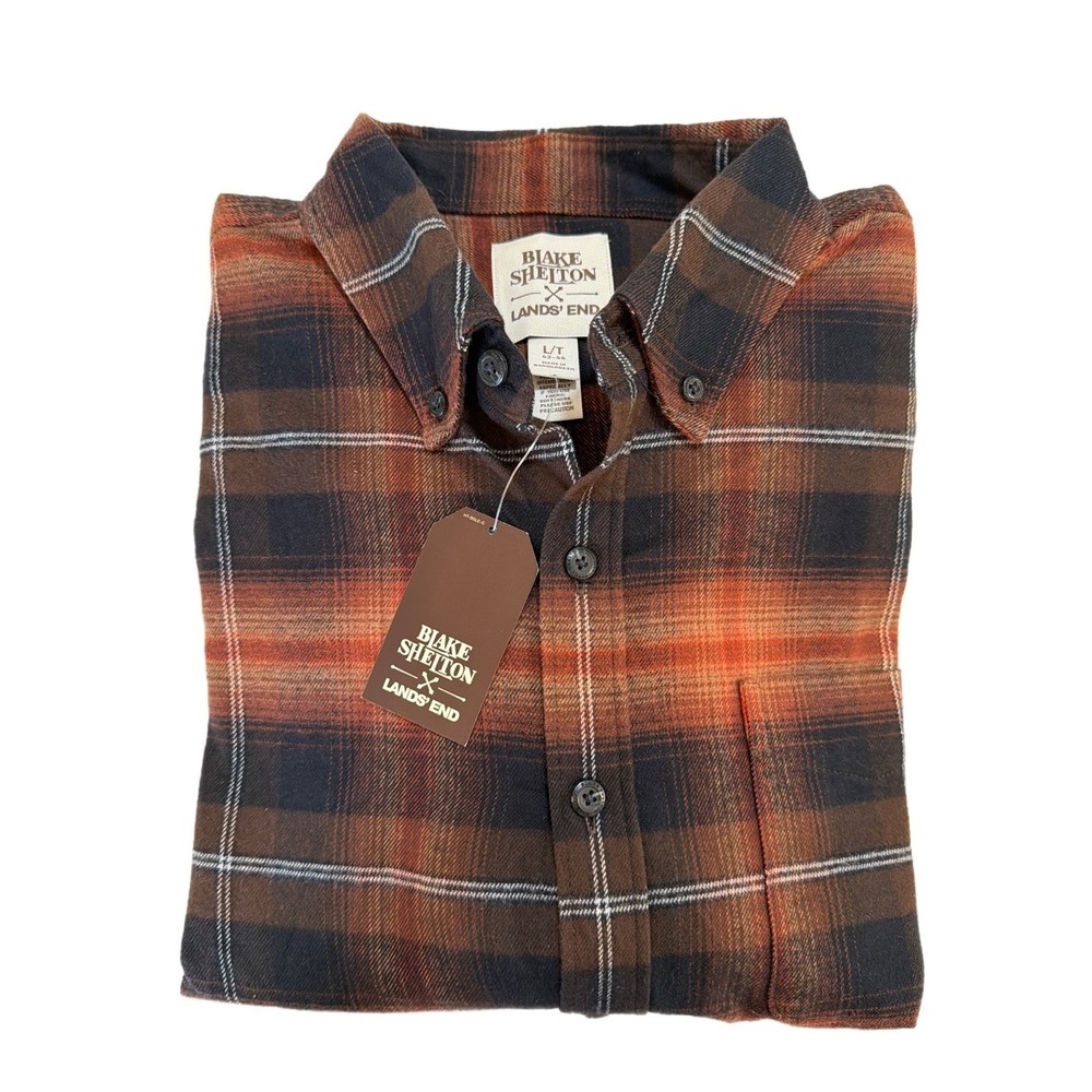 NWT‎ Blake Shelton Lands End Flagship Flannel Shirt Sz LT (42-44) Brown Plaid